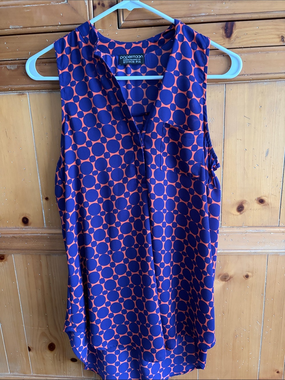 Papermoon Navy and Orange Dot-Print Sleeveless V-Neck Tank